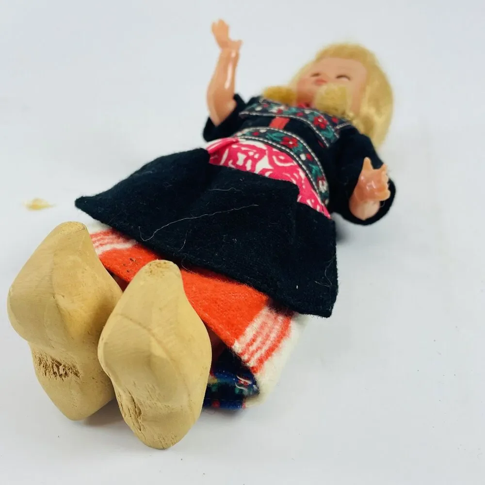 Vintage Folk Art Blonde Dutch Doll Wooden Shoes 7 in Ethnic Costume Blinky Eyes